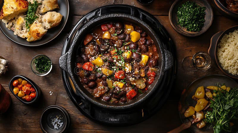 Παραδοσιακή βραζιλιάνικη Feijoada με αχνιστό ζεστό καπνό που ανεβαίνει από το πλούσιο μαύρο μπιζέλι ελεύθερη απεικόνιση δικαιώματος