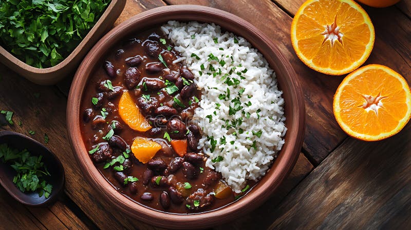Παραδοσιακή βραζιλιάνικη Feijoada με αχνιστό ζεστό καπνό που ανεβαίνει από το πλούσιο μαύρο μπιζέλι διανυσματική απεικόνιση