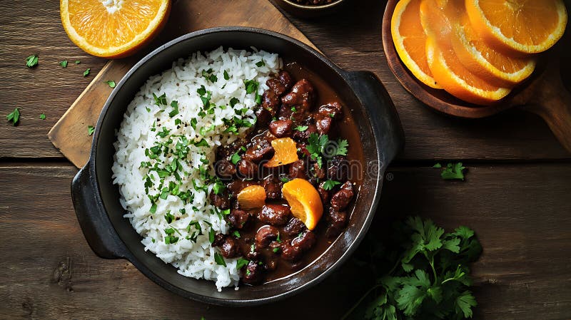 Παραδοσιακή βραζιλιάνικη Feijoada με αχνιστό ζεστό καπνό που ανεβαίνει από το πλούσιο μαύρο μπιζέλι απεικόνιση αποθεμάτων