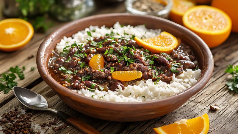 Παραδοσιακή βραζιλιάνικη Feijoada με αχνιστό ζεστό καπνό που ανεβαίνει από το πλούσιο μαύρο μπιζέλι απεικόνιση αποθεμάτων