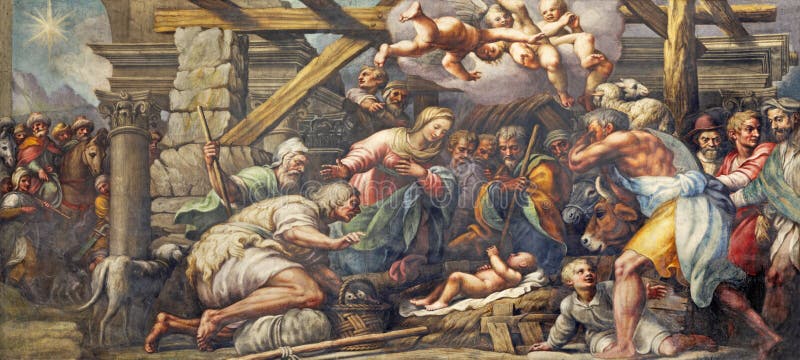 ΠΑΡΜΑ, ΙΤΑΛΙΑ - 16 ΑΠΡΙΛΊΟΥ 2018: Η νωπογραφία της λατρείας Nativity των ποιμένων σε Duomo από Lattanzio Gambara 1567 - 1573 στοκ εικόνες ΠΑΡΜΑ, ΙΤΑΛΙΑ - 16 ΑΠΡΙΛΊΟΥ 2018: Η νωπογραφία της λατρείας Nativity των ποιμένων σε Duomo από Lattanzio Gambara 1567 - 1573 στοκ εικόνες