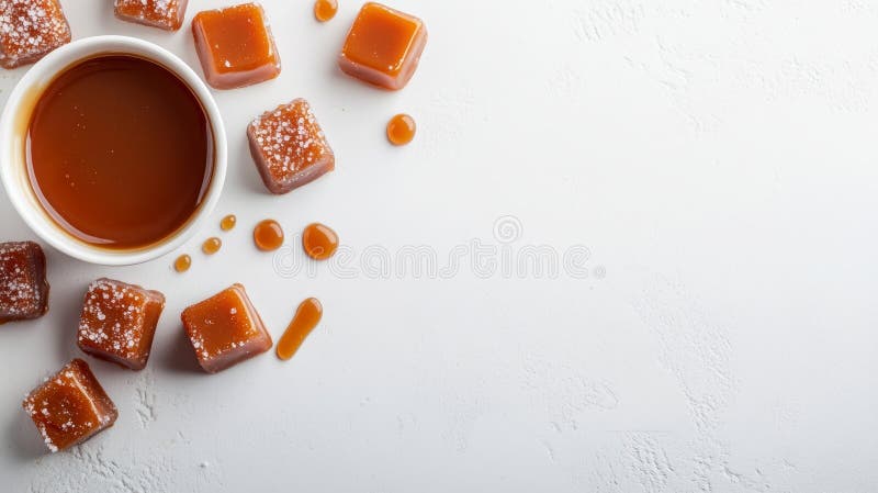 Παστές καραμέλες καραμέλας με δυνατότητα Delectable και πλούσια σάλτσα σε καθαρό λευκό φόντο με άφθονο χώρο κειμένου διανυσματική απεικόνιση