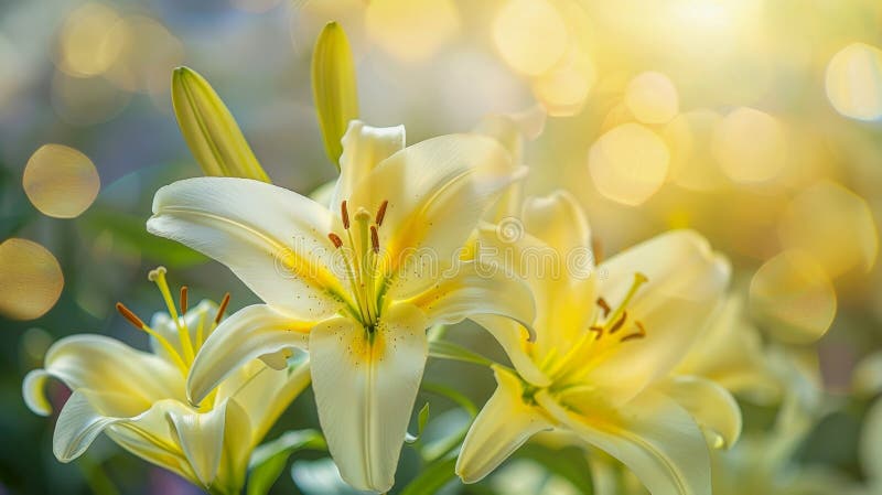 Yellow and white easter lillies with bokeh background,close up of plant. Yellow and white easter lillies with bokeh background,close up of plant