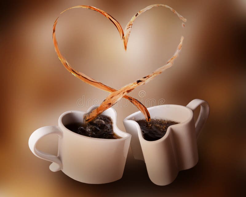 Two heart shaped cups of coffee and love splash: heart. Two heart shaped cups of coffee and love splash: heart