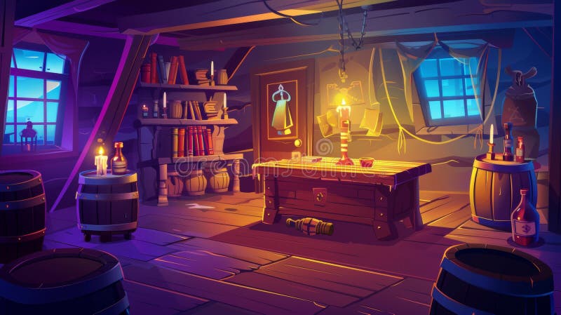 A pirate ship inside at sunset. The captain&#x27;s cabin of the ship has a table, barrels, candles, rum bottles, books, a robe, and a paper map. Modern cartoon illustration.. AI generated. A pirate ship inside at sunset. The captain&#x27;s cabin of the ship has a table, barrels, candles, rum bottles, books, a robe, and a paper map. Modern cartoon illustration.. AI generated