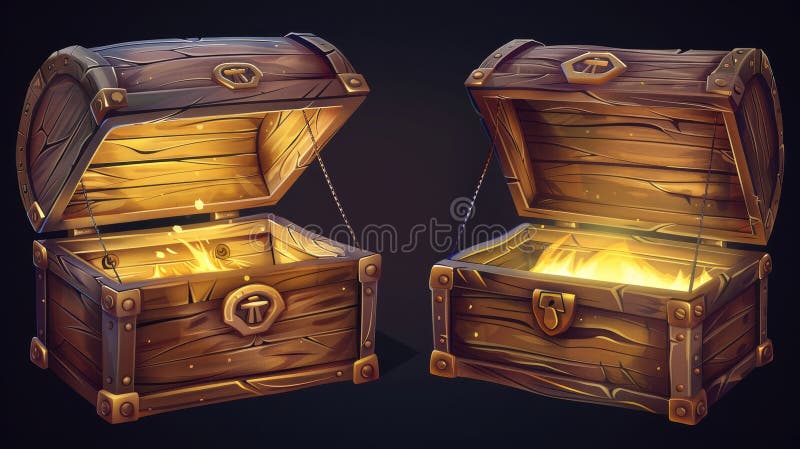 Pirate treasure chest with magic glow inside. Modern realistic set of old wood trunk with golden fetters. 3D empty vintage coffer isolated on dark background.. AI generated. Pirate treasure chest with magic glow inside. Modern realistic set of old wood trunk with golden fetters. 3D empty vintage coffer isolated on dark background.. AI generated