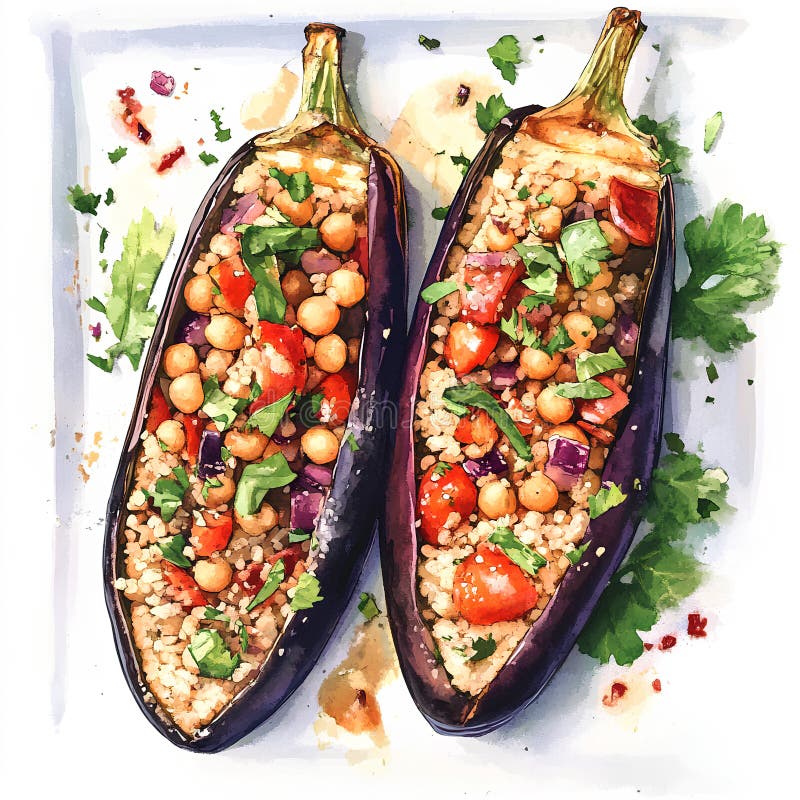 Πεντανόστιμα ψητά μελιτζάνα γεμισμένα με Quinoa και φρέσκα βότανα Ρεβίθια και ντομάτες ελεύθερη απεικόνιση δικαιώματος