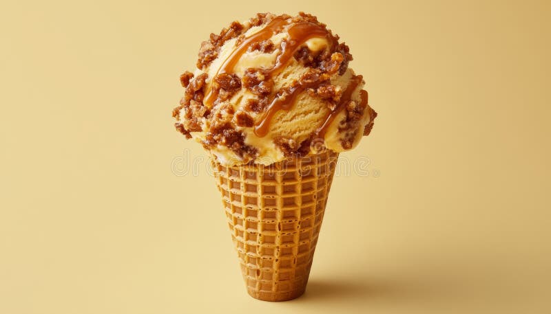 Πεντανόστιμο Caramel Swirl Ice Scoop στο Waffle Cone στο μπεζ φόντο Γευστικό παγωμένο Κέρασμα απεικόνιση αποθεμάτων