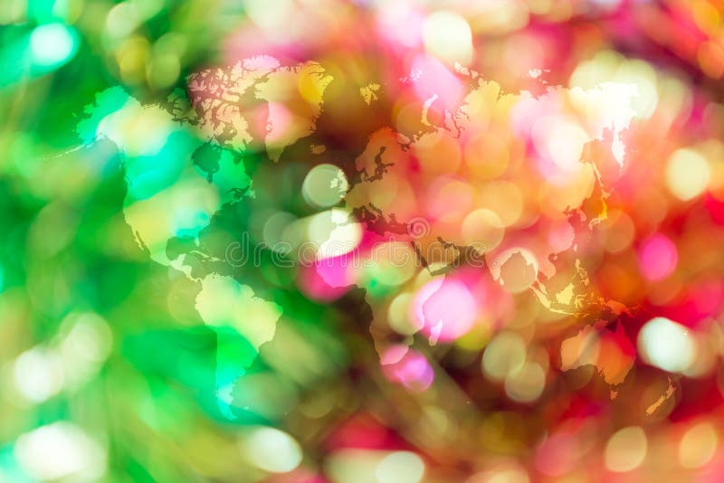 Περίληψη bokeh του φωτός με τον παγκόσμιο χάρτη στοκ εικόνα