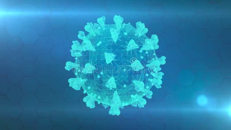 περίγραμμα επιφάνειας 3d ενός μεμονωμένου περιστρεφόμενου σωματιδίου του coronavirus σε μπλε φόντο απεικόνιση αποθεμάτων