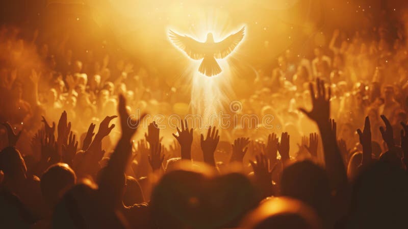 the holy spirit in the form of a bird of peace in the sun&#x27;s rays, people pray with their hands raised up. illustration AI generated. the holy spirit in the form of a bird of peace in the sun&#x27;s rays, people pray with their hands raised up. illustration AI generated