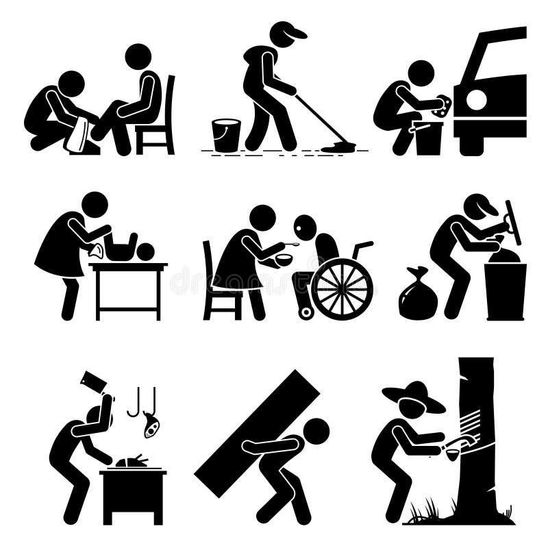 Vector set stick figure pictogram representing odd tough jobs that includes shoe shine boy, cleaner, car washer, babysitter, nurse, garbage collector, butcher, hard labor, and rubber tapper. Vector set stick figure pictogram representing odd tough jobs that includes shoe shine boy, cleaner, car washer, babysitter, nurse, garbage collector, butcher, hard labor, and rubber tapper.