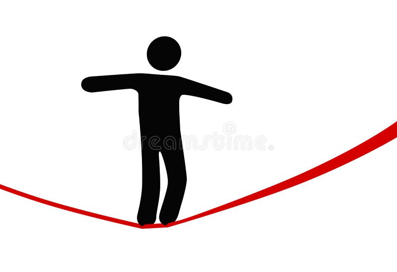 A symbol person balances and walks a high wire tightrope, above risk and danger. A symbol person balances and walks a high wire tightrope, above risk and danger.