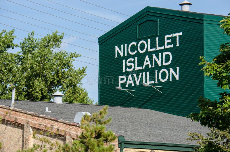 Sign for the Nicollet Island Pavilion, a popular wedding and event venue in downtown Minneapolis, riverside to the Mississippi River. Sign for the Nicollet Island Pavilion, a popular wedding and event venue in downtown Minneapolis, riverside to the Mississippi River