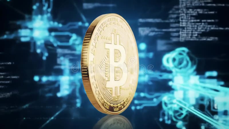 Περιστρεφόμενο Bitcoin με τεχνολογία blockαλυσίδα μπλε φόντο διανυσματική απεικόνιση