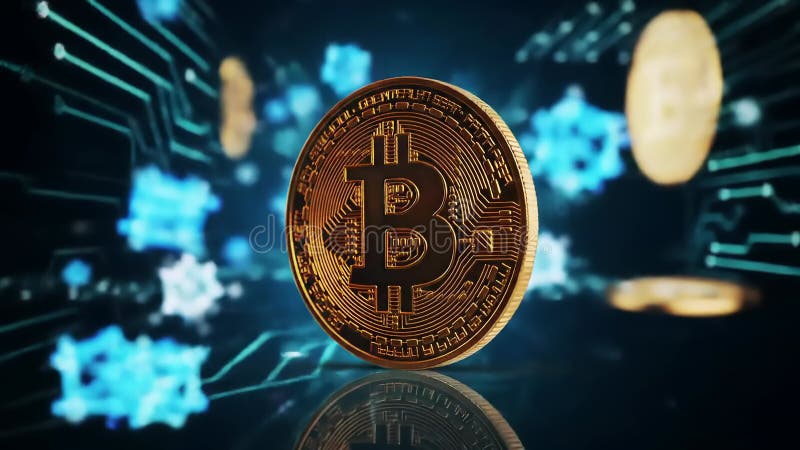 Περιστρεφόμενο Bitcoin με τεχνολογία blockαλυσίδα μπλε φόντο απεικόνιση αποθεμάτων