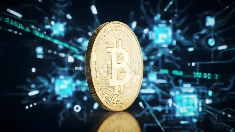 Περιστρεφόμενο Bitcoin με τεχνολογία blockαλυσίδα μπλε φόντο διανυσματική απεικόνιση