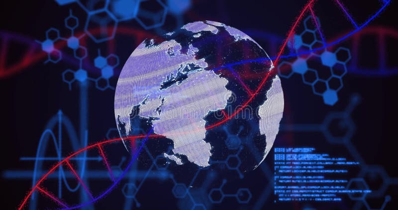 Περιστροφή της Γης με κλώνους DNA και εξαγωνικά σχέδια επιστημονικών δεδομένων διανυσματική απεικόνιση