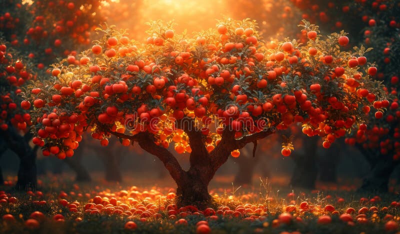 Persimmon tree with ripe fruits on lawn in orchard at sunset. Large apple tree with a lot of ripe apple. AI generated. Persimmon tree with ripe fruits on lawn in orchard at sunset. Large apple tree with a lot of ripe apple. AI generated