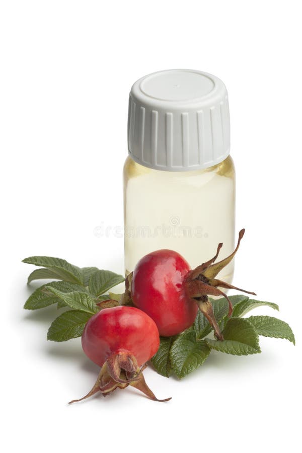 Bottle rose hip oil and fresh rose hips on white background. Bottle rose hip oil and fresh rose hips on white background