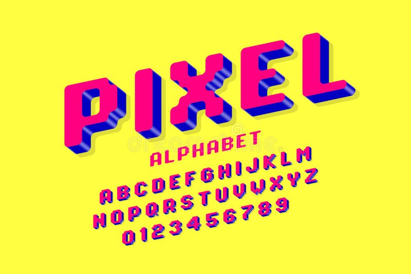 Pixel font, 3d retro video game style alphabet letters and numbers. Pixel font, 3d retro video game style alphabet letters and numbers