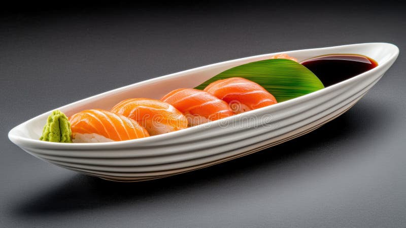 πιάτο sushi nigiri με σολομό και wasabi σε κομψό πιάτο με σχήμα μπακαλιάρου στοκ εικόνες με δικαίωμα ελεύθερης χρήσης