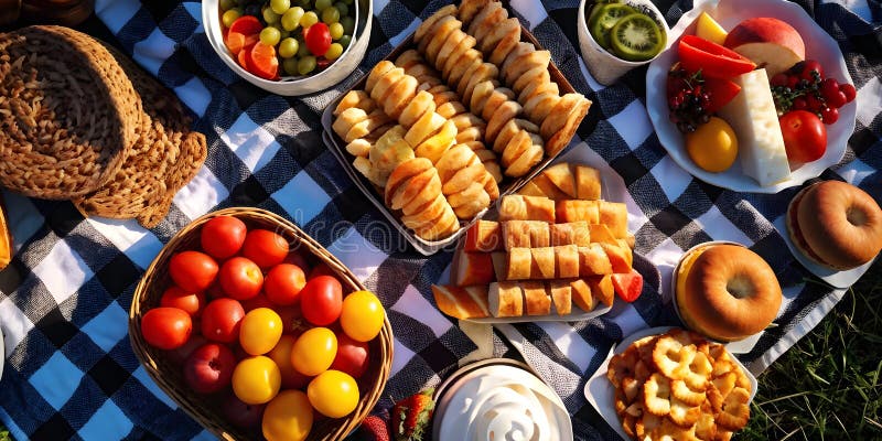 πικάντικη σκηνή με υγιεινό φαγητό και σνακ σε χρυσή ώρα φως απεικόνιση αποθεμάτων