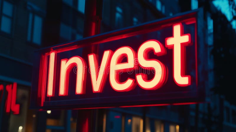 Πινακίδα νέον που δείχνει τη λέξη Invest λάμπει σε κόκκινο χρώμα σε ένα θαμπό αστικό περιβάλλον διανυσματική απεικόνιση