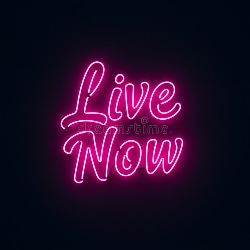 Πινακίδα νέον που δείχνει τις λέξεις Live Now με φωτεινά ροζ γράμματα σε σκούρο χρώμα διανυσματική απεικόνιση