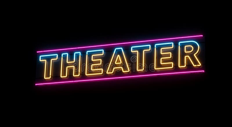 Πινακίδα νέον που εμφανίζει τη λέξη THEATER με έντονα κεφαλαία γράμματα. Τα χαρακτηριστικά υπογραφής απεικόνιση αποθεμάτων