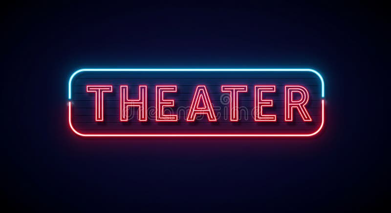 Πινακίδα νέον που εμφανίζει τη λέξη THEATER με έντονα κόκκινα γράμματα μέσα σε μπλε απεικόνιση αποθεμάτων