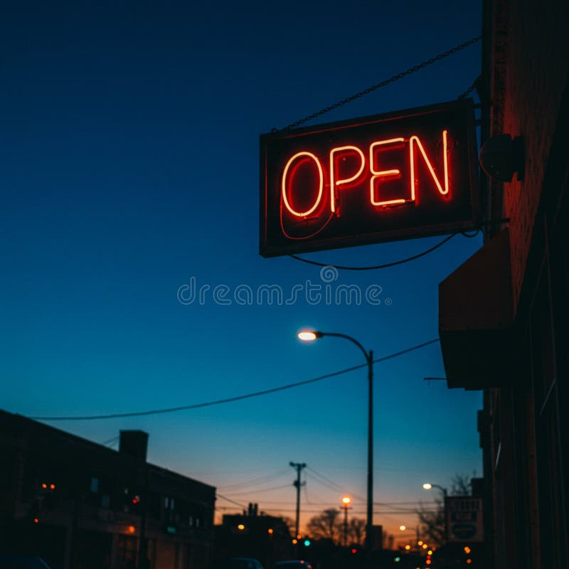 Πινακίδα νέον που εμφανίζει το OPEN σε κόκκινα κρεμάστρες έξω από κτίριο το σούρουπο απεικόνιση αποθεμάτων