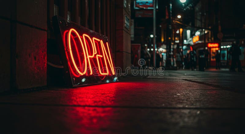 Πινακίδα νέον που εμφανίζει το OPEN σε φωτεινό κόκκινο χρώμα τοποθετημένο στο πεζοδρόμιο μιας πόλης διανυσματική απεικόνιση