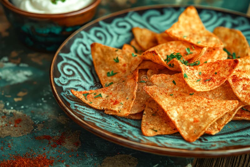 A plate of tortilla chips with a side of guacamole. The chips are arranged in a triangular pattern on the plate. Generative AI AI generated. A plate of tortilla chips with a side of guacamole. The chips are arranged in a triangular pattern on the plate. Generative AI AI generated