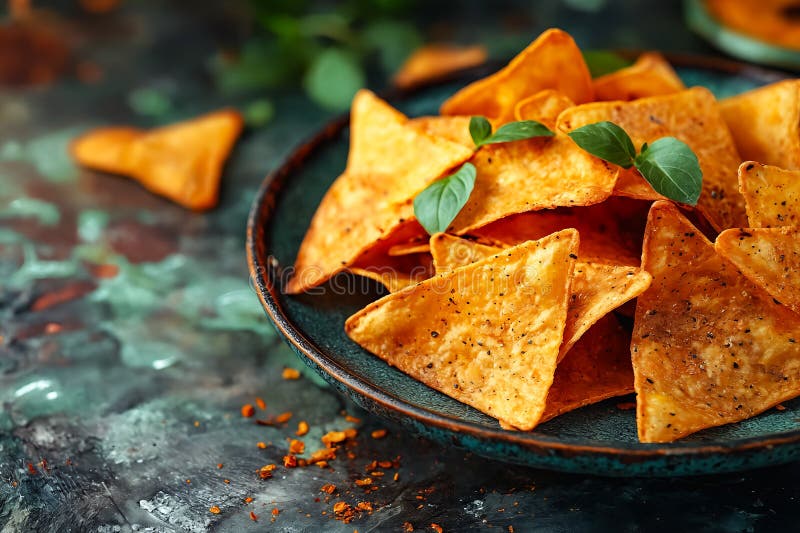 A plate of tortilla chips with a green leaf on top. The chips are arranged in a triangular pattern. Generative AI AI generated. A plate of tortilla chips with a green leaf on top. The chips are arranged in a triangular pattern. Generative AI AI generated
