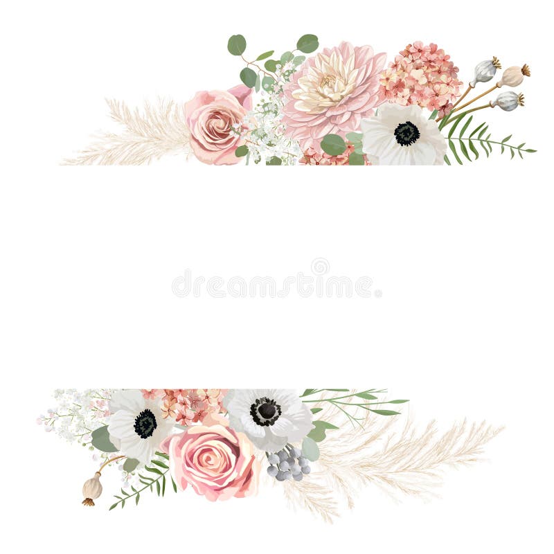 πλαίσιο διανύσματος γάμου με άνθη. pampas grass anememas rose λουλούδι πρότυπο περιγράμματος διανυσματική απεικόνιση