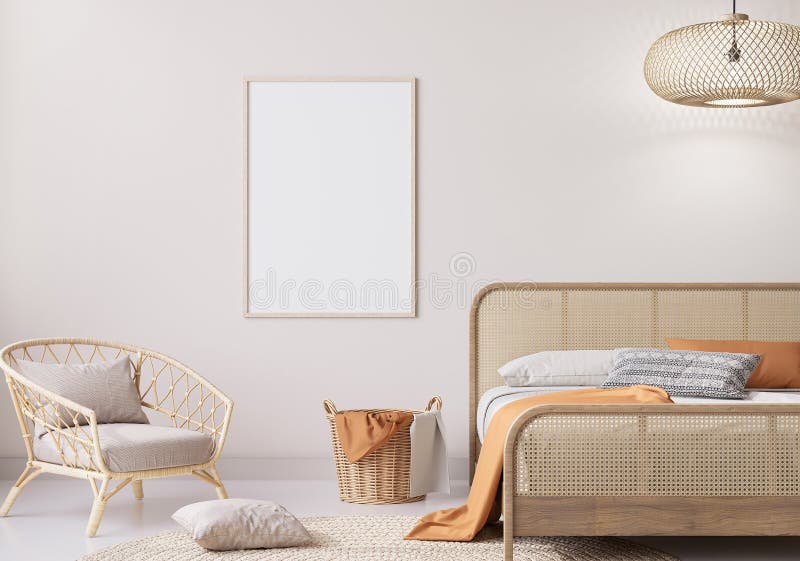 Mockup frame in bedroom interior background with natural wooden furniture, Scandinavian boho style, 3d render. Mockup frame in bedroom interior background with natural wooden furniture, Scandinavian boho style, 3d render