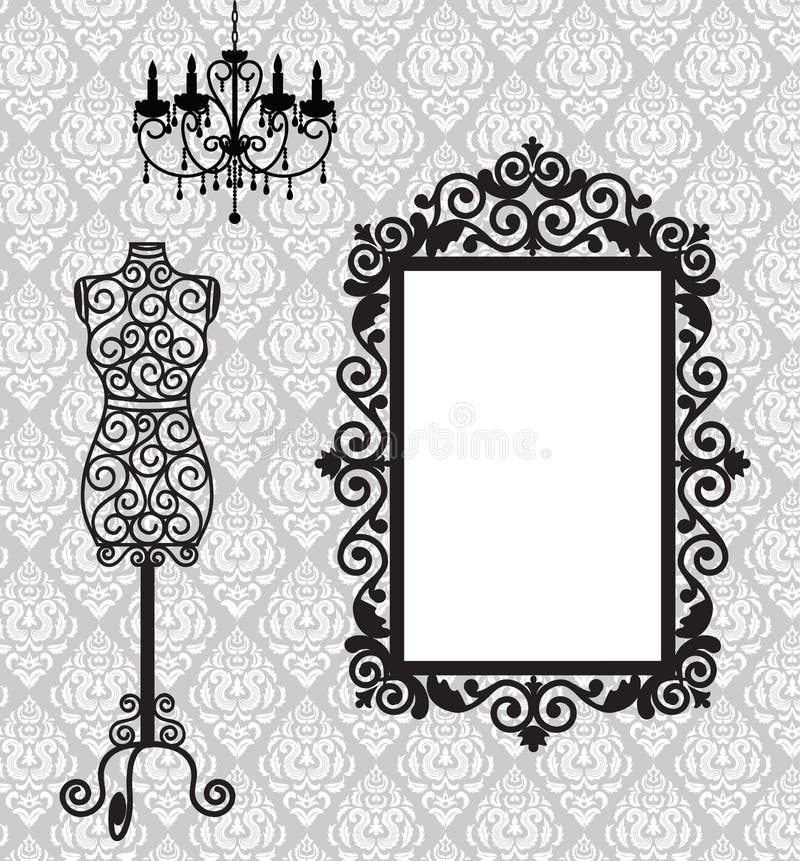 Antique frame, mannequin and chandelier. Antique frame, mannequin and chandelier