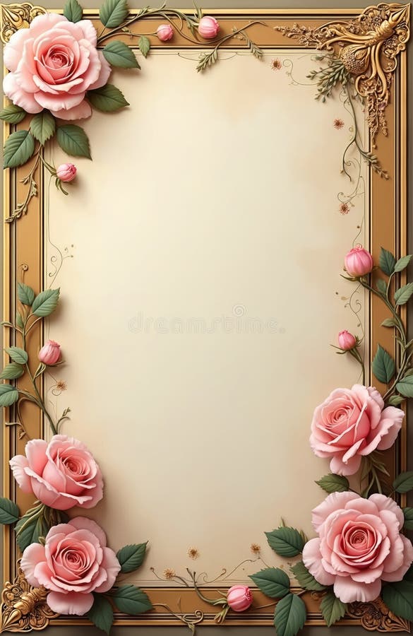 Πλαίσιο σχεδίασης Art Nouveau με κενό χώρο για κείμενο. Ροζ τριαντάφυλλα με πράσινο περίγραμμα φύλλων χρυσού. Παρθένο περίγραμμα γ στοκ φωτογραφίες