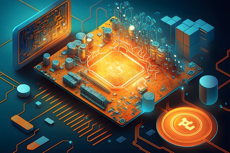 πλακέτα με chip και επεξεργαστή κάρτας γραφικών παιχνιδιών. σύστημα προοδευτικής ψύξης για τον επεξεργαστή chip εικόνας και διανυσματική απεικόνιση