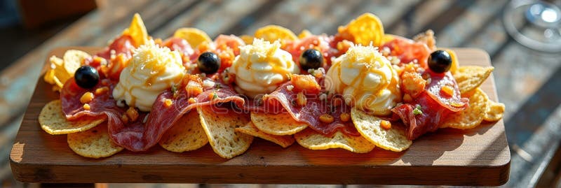 Πλατίνα Gourmet με τυρί salami nachos και σταφύλια πάνω σε ξύλινη σανίδα. Ότι η εικόνα δημιουργείται με χρήση τεχνητής νοημοσύνης.