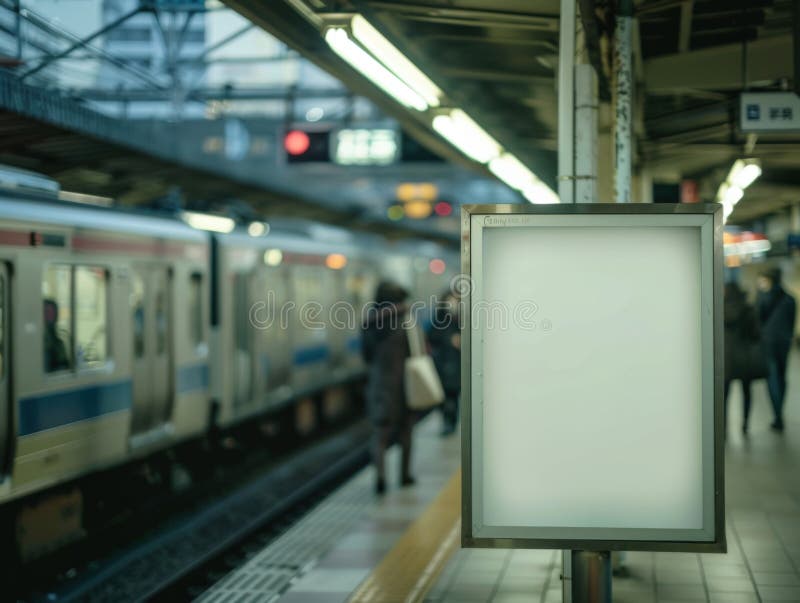 πλατφόρμα σιδηροδρομικού σταθμού με κενό σήμα και αμαξοστοιχίες σε κίνηση στοκ εικόνες με δικαίωμα ελεύθερης χρήσης