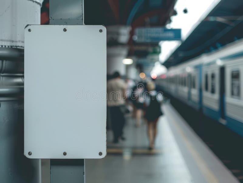 πλατφόρμα σιδηροδρομικού σταθμού με κενό σήμα και θαμπή κίνηση στο παρασκήνιο στοκ φωτογραφία με δικαίωμα ελεύθερης χρήσης