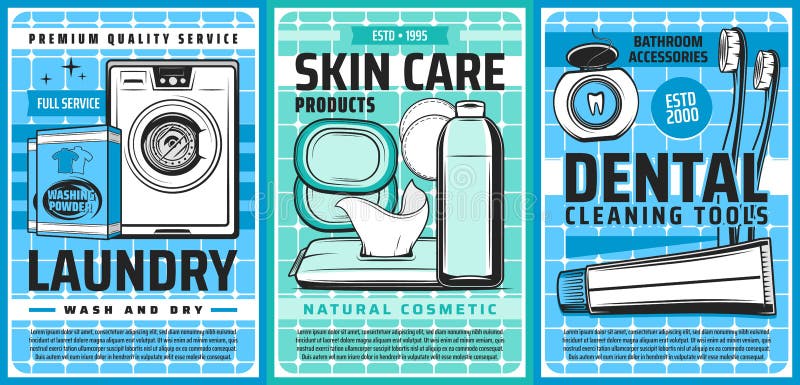 Laundry and hygiene, health and skincare washing, vector posters. Laundry service washing machine detergent, skincare toiletries cosmetics, face cleanser, wet wipe towels, toothpaste and toothbrush. Laundry and hygiene, health and skincare washing, vector posters. Laundry service washing machine detergent, skincare toiletries cosmetics, face cleanser, wet wipe towels, toothpaste and toothbrush