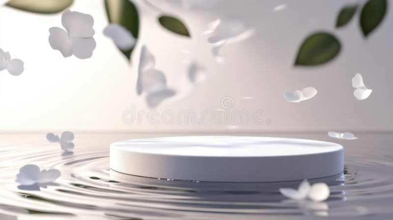 Πλωτή πλατφόρμα περιβαλλόμενη από λευκές πεταλούδες και φύλλα σε γαλήνιο περιβάλλον κατά τη διάρκεια της ημέρας. Μια κυκλική πλατφόρμα επιπλέει σε ήρεμο νερό περιτριγυρισμένη από ευαίσθητες λευκές πεταλούδες και πράσινα φύλλα που δημιουργούν ήρεμη ατμόσφαιρα κάτω από το μαλακό φως της ημέρας. Τεχνητή νοημοσύνη