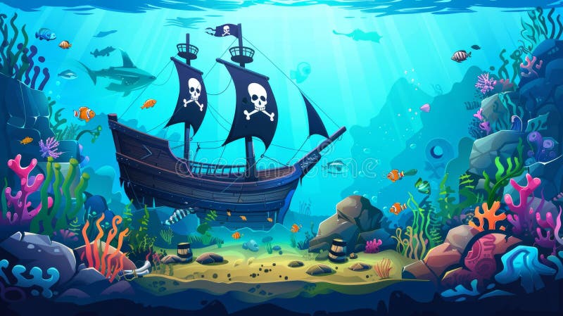 Floating pirate ship with black sails and skull and crossbones flag on sea bottom. Modern underwater landscape with broken wooden boat, stones, and fish.. AI generated. Floating pirate ship with black sails and skull and crossbones flag on sea bottom. Modern underwater landscape with broken wooden boat, stones, and fish.. AI generated