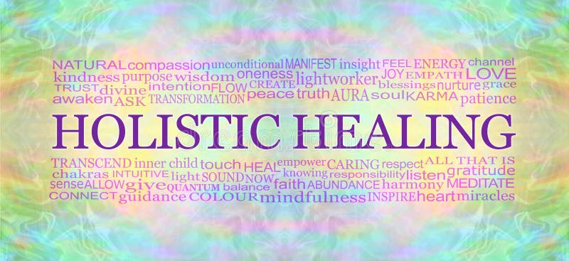 Multicoloured symmetrical metaphysical energy field background with a HOLISTIC  HEALING word cloud and copy space. Multicoloured symmetrical metaphysical energy field background with a HOLISTIC  HEALING word cloud and copy space