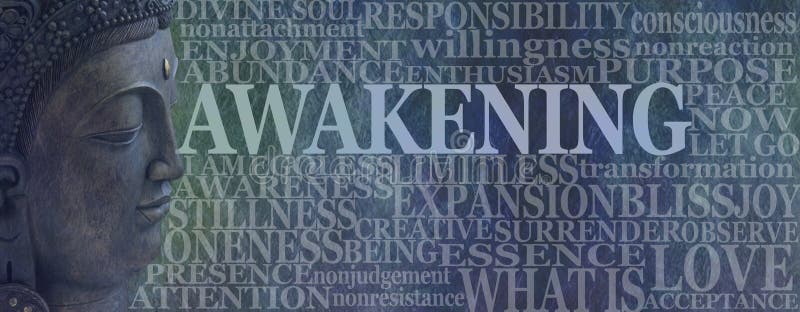 Deity Buddha head on left with the word AWAKENING beside surrounded by a word cloud on a rustic blue background. Deity Buddha head on left with the word AWAKENING beside surrounded by a word cloud on a rustic blue background