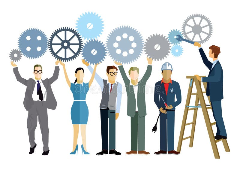 Colorful illustration of business people holding up a series of interlocking cog wheels, one man on a stepladder using a spanner to get get things moving, white background. Colorful illustration of business people holding up a series of interlocking cog wheels, one man on a stepladder using a spanner to get get things moving, white background.