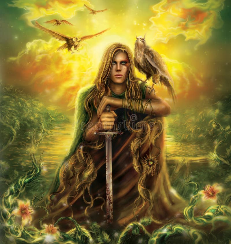 Man wanderer on the pass, in a magical land, with sword and faithful bird, fantasy illustration, Digital Art. Man wanderer on the pass, in a magical land, with sword and faithful bird, fantasy illustration, Digital Art